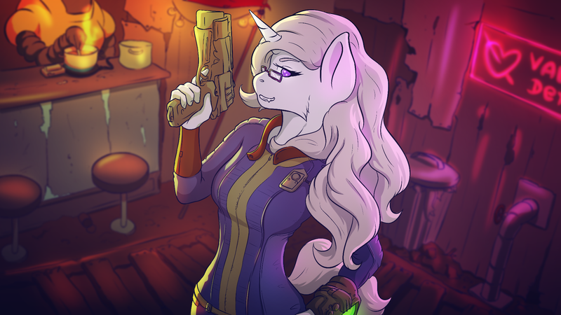 Size: 1920x1080 | Tagged: safe, artist:sverhnovapony, derpibooru import, oc, oc:carrie, unofficial characters only, anthro, unicorn, fallout equestria, anthro oc, clothes, commission, fallout, female, glasses, gun, weapon, ych result