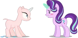 Size: 3144x1564 | Tagged: safe, artist:diegator007, artist:frownfactory, artist:parclytaxel, artist:tardifice, derpibooru import, edit, editor:slayerbvc, vector edit, rarity, starlight glimmer, unicorn, rarity's biggest fan, spoiler:interseason shorts, blushing, cutie mark, embarrassed, female, furless, furless edit, glowing horn, hairless, horn, magic, mare, nervous, no eyelashes, nude edit, nudity, oops, shaved, shaved tail, sheepish grin, simple background, spell gone wrong, this will not end well, transparent background, vector, whoops, wide eyes