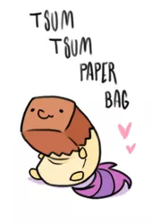 Size: 340x500 | Tagged: safe, artist:paperbagpony, derpibooru import, oc, oc:paper bag, earth pony, pony, chibi, cute, female, heart, mare, ocbetes, paper bag, ponyloaf, simple background, sitting, smiling, solo, text, tsum tsum, wavy mouth, white background