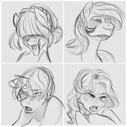 Size: 1000x1000 | Tagged: suggestive, artist:jitterladybug, derpibooru import, oc, oc:carnelian clout, oc:low key, oc:ophelia, oc:succulent scent, unofficial characters only, crystal pony, pony, unicorn, ahegao, bust, female, implied sex, lip bite, male, o-face, open mouth, orgasm, sketch, stallion, tongue out