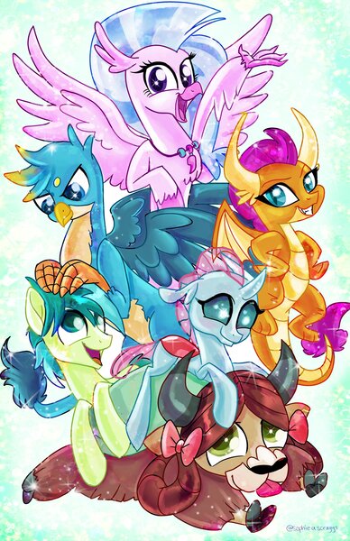 Size: 2650x4096 | Tagged: safe, artist:sophieascruggs, derpibooru import, gallus, ocellus, sandbar, silverstream, smolder, yona, changedling, changeling, classical hippogriff, dragon, earth pony, gryphon, hippogriff, pony, yak, :p, bow, cloven hooves, colored hooves, colored pupils, cute, diaocelles, diastreamies, dragoness, female, gallabetes, hair bow, jewelry, looking at you, male, monkey swings, necklace, open mouth, prone, sandabetes, silly, smolderbetes, sploot, student six, teenager, tongue out, yonadorable