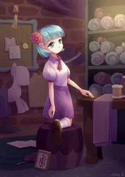 Size: 2480x3508 | Tagged: safe, artist:jeremywithlove, derpibooru import, coco pommel, human, equestria girls, ascot, blouse, bolt, book, cloth, clothes, cocobetes, cute, equestria girls-ified, female, hair ornament, high res, humanized, indoors, long skirt, looking at you, moe, ottoman (furniture), ponyquin, poofy shoulders, shelf, shoes, signature, skirt, socks, solo, spool, table, wind chime