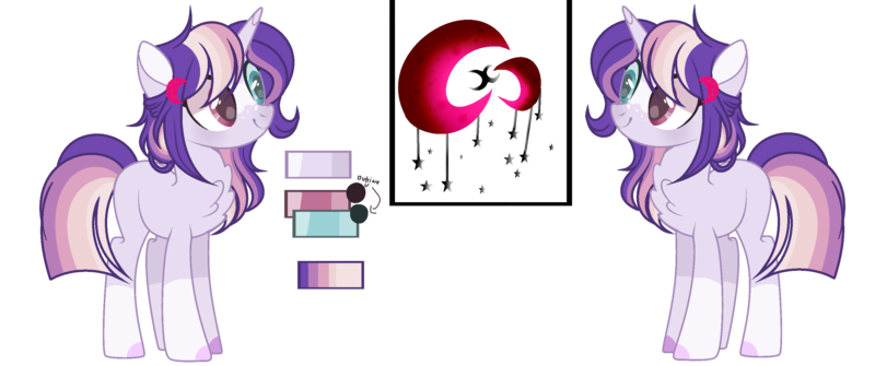 Size: 2929x1227 | Tagged: safe, artist:xxcutecookieswirlsxx, derpibooru import, oc, oc:aurora moonlight, pony, unicorn, female, heterochromia, magical lesbian spawn, mare, offspring, parent:rainbow dash, parent:twilight sparkle, parents:twidash, reference sheet, simple background, solo, transparent background