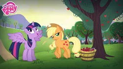 Size: 1920x1080 | Tagged: safe, derpibooru import, applejack, twilight sparkle, twilight sparkle (alicorn), alicorn, earth pony, pony, apple, apple tree, applejack's hat, bucket, cowboy hat, crossed legs, duo, duo female, female, food, hat, image, jpeg, lidded eyes, looking at you, looking up, mare, my little pony logo, open mouth, orchard, smiling, straw in mouth, sweet apple acres, tree, wallpaper