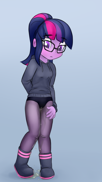 Size: 2160x3840 | Tagged: suggestive, alternate version, artist:anon_1515, derpibooru import, sci-twi, twilight sparkle, equestria girls, boots, clothes, cute wetting, embarrassed, fetish, glasses, leggings, nudity, panties, pantypee, pissing, ponytail, shoes, simple background, sweatshirt, underwear, urine, watersports, wetting