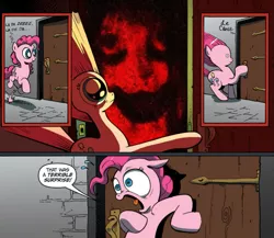 Size: 945x821 | Tagged: grimdark, derpibooru import, edit, idw, pinkie pie, pony, comic, exploitable meme, japanese horror, meme, nightmare fuel, obligatory pony, otogiri, scary face, surprise door