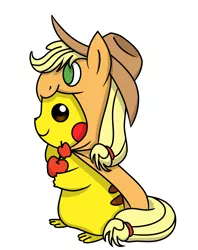 Size: 1840x2322 | Tagged: safe, artist:muchu, derpibooru import, applejack, pikachu, pony, clothes, hoodie, jacket, pokémon, ponymon