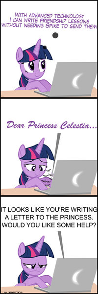 Size: 2000x6000 | Tagged: safe, artist:mrkat7214, derpibooru import, twilight sparkle, twilight sparkle (alicorn), alicorn, pony, comic:twilight vs. computer, clippit, comic, computer, laptop computer, solo