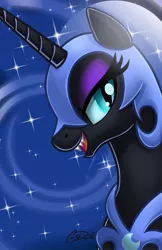 Size: 735x1136 | Tagged: safe, artist:christadoodles, derpibooru import, nightmare moon, alicorn, pony, armor, bust, ethereal mane, evil, eyelashes, fangs, female, looking at you, mare, open mouth, portrait, signature, solo, starry mane