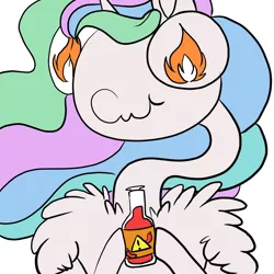 Size: 1280x1280 | Tagged: safe, artist:asksillypones, derpibooru import, princess celestia, alicorn, pony, :t, bottle, chest fluff, exclamation point, female, fire, flame eyes, fluffy, frown, hoof hold, hot sauce, impossibly long neck, long neck, mare, scrunchy face, shoulder fluff, simple background, solo, this will not end well, wat, wavy mouth, white background, wingding eyes