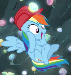 Size: 698x738 | Tagged: safe, derpibooru import, screencap, rainbow dash, pegasus, pony, the end in friend, cheek squish, cropped, excited, female, flying, gem cave, helmet, mare, mining helmet, open mouth, solo, spread wings, squishy cheeks, wings