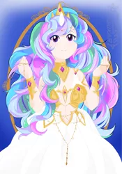 Size: 3000x4294 | Tagged: artist:bigbuxart, belly button, cute, derpibooru import, horn, horned humanization, human, humanized, jewelry, long hair, midriff, princess celestia, regalia, safe, smiling, solo