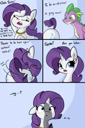 Size: 1371x2048 | Tagged: suggestive, artist:tjpones, derpibooru import, rarity, spike, dragon, pony, unicorn, ass up, blushing, both cutie marks, butt, cock shock, comic, dialogue, dock, dragon dick, ear piercing, earring, erection, eyes on the prize, female, implied erection, implied penis, jewelry, male, mare, necklace, older, older rarity, older spike, penis, penis awe, phallic shadow, piercing, plot, raised tail, shadow, shipping, sparity, straight, sweat, swishy tail, tail, this will end in snu snu, winged spike, wings