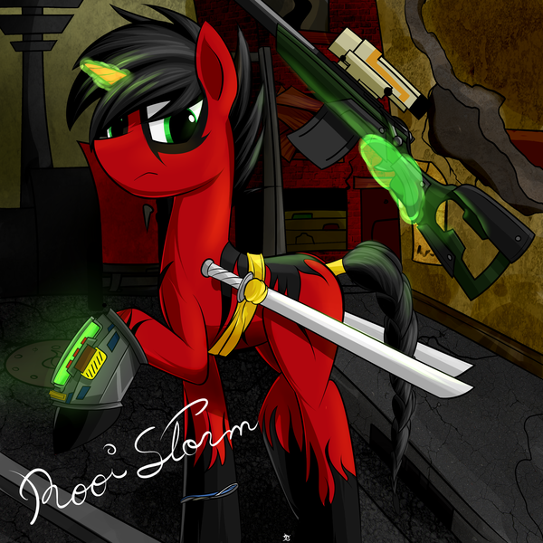 Size: 3408x3408 | Tagged: safe, artist:ruiont, derpibooru import, oc, unofficial characters only, pony, unicorn, fallout equestria, fanfic, fanfic art, glowing horn, gun, high res, hooves, horn, levitation, magic, male, optical sight, pipbuck, red and black oc, rifle, solo, stallion, sword, telekinesis, weapon