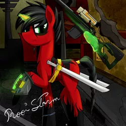 Size: 3408x3408 | Tagged: safe, artist:ruiont, derpibooru import, oc, unofficial characters only, pony, unicorn, fallout equestria, fanfic, fanfic art, glowing horn, gun, high res, hooves, horn, levitation, magic, male, optical sight, pipbuck, red and black oc, rifle, solo, stallion, sword, telekinesis, weapon