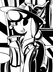 Size: 2272x3102 | Tagged: safe, artist:ruiont, derpibooru import, oc, oc:batlatoya, unofficial characters only, pegasus, pony, black and white, clothes, female, grayscale, grin, hat, high res, hooves, mare, monochrome, smiling, solo, wings