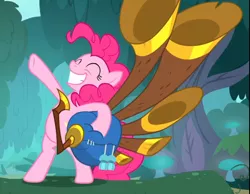 Size: 912x709 | Tagged: safe, derpibooru import, screencap, pinkie pie, earth pony, pony, yakity-sax, bipedal, cropped, eyes closed, female, hooves in air, mare, raised hoof, smiling, solo, yovidaphone