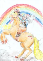 Size: 1024x1440 | Tagged: safe, artist:carcano1891, artist:fonzos, derpibooru import, applejack, oc, oc:napigleon, anthro, earth pony, pig, pony, anthro with ponies, anthros riding ponies, colored pencil drawing, female, mare, napoleon, napoleon bonaparte, napoleon crossing the alps, rainbow, realistic, realistic horse legs, rearing, riding, traditional art