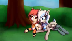 Size: 2676x1507 | Tagged: artist:deerdraw, bush, clothes, commission, cute, deer, deer pony, deer tail, derpibooru import, duo, duo female, female, flower, grass, holding hooves, hoodie, hooves, looking at each other, lying down, nuzzling, oc, oc:eirian, oc:fire gemdrops, one eye closed, original species, outdoors, peryton, safe, scarf, socks, tree, unofficial characters only, wings