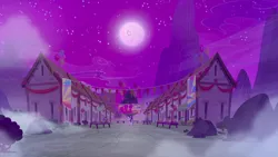 Size: 1440x810 | Tagged: safe, derpibooru import, screencap, starlight glimmer, pony, to where and back again, full moon, house, moon, night, our town, stars, village