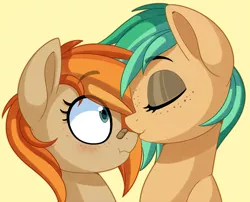 Size: 1148x928 | Tagged: safe, artist:thegamblehorse, deleted from derpibooru, derpibooru import, oc, oc:minty pop, oc:parlay, unofficial characters only, earth pony, pony, bandage, blushing, female, freckles, kissing, lesbian, mare, oc x oc, parpop, shipping