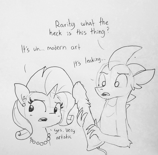 Size: 1355x1336 | Tagged: questionable, artist:tjpones, derpibooru import, rarity, spike, dragon, unicorn, bait and switch, blatant lies, blushing, cumtube, dialogue, dildo, dragon dildo, ear piercing, earring, female, jewelry, leaking, lineart, male, mare, necklace, older, older rarity, older spike, piercing, sex toy, simple background, sketch