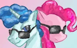Size: 1023x640 | Tagged: safe, artist:billyggruff, derpibooru import, party favor, pinkie pie, pony, female, glasses, male, partypie, shipping, straight, sunglasses