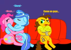 Size: 680x480 | Tagged: safe, artist:creepypastajack, derpibooru import, cheese sandwich, party favor, pinkie pie, pony, cuckolding, female, kissing, making out, male, partypie, shipping, straight