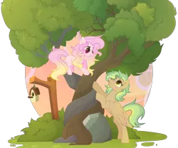 Size: 3176x2640 | Tagged: safe, artist:thesmall-artist, derpibooru import, oc, oc:golden, oc:rose breeze, unofficial characters only, earth pony, pegasus, pony, bird house, female, intertwined trees, male, mare, rock, stallion, tree