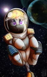 Size: 1700x2800 | Tagged: safe, artist:elmutanto, derpibooru import, oc, oc:phase shot, unofficial characters only, pony, unicorn, astronaut, commission, explosion, floating, futa, gray coat, helmet, herm, hooves, intersex, planet, purple eyes, solo, space, spacesuit, spreading, stars, two toned mane, two toned tail