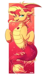 Size: 2239x4000 | Tagged: artist:maren, commission, derpibooru import, female, floppy ears, looking at you, open mouth, safe, siren, sirenified, smiling, solo, species swap, sunset shimmer, sunset siren, wanderer d