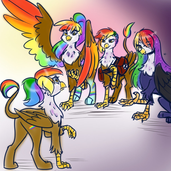 Size: 1280x1280 | Tagged: safe, alternate version, artist:jitterbugjive, derpibooru import, oc, oc:rainbow feather, gryphon, hippogriff, alternate costumes, alternate timeline, bag, colored wings, hairstyle, interspecies offspring, magical lesbian spawn, medic, multicolored hair, multicolored wings, multiple variants, offspring, parent:gilda, parent:rainbow dash, parents:gildash, rainbow hair, rainbow power, rainbow power-ified, rainbow wings, tumblr, wings