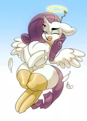 Size: 802x1114 | Tagged: safe, artist:bigdad, derpibooru import, rarity, alicorn, pony, unicorn, alicornified, angel, angel costume, butt, choker, clothes, eyeshadow, fake halo, feather, female, licking, licking lips, makeup, mare, one eye closed, puffed chest, race swap, raricorn, rearity, socks, solo, thigh highs, tongue out, wink