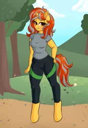 Size: 2835x4096 | Tagged: safe, artist:wickedsilly, banned from derpibooru, deleted from derpibooru, derpibooru import, oc, oc:cinderheart, unofficial characters only, anthro, unguligrade anthro, unicorn, anthro oc, blushing, butt touch, clothes, cloud, commission, curvy, ear fluff, female, golden eyes, grass, grass field, hand on butt, high res, image, jpeg, mare, nature, pants, park, shirt, solo, t-shirt, tree, yoga pants