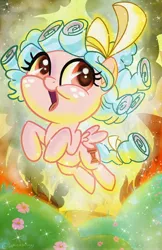 Size: 2650x4096 | Tagged: safe, artist:sophieascruggs, derpibooru import, cozy glow, pegasus, pony, cozybetes, cute, female, filly, flower, open mouth, solo
