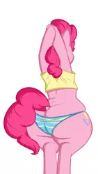 Size: 1080x1920 | Tagged: suggestive, artist:andelai, derpibooru import, pinkie pie, pony, balloonbutt, blue underwear, butt, buttcrack, clothes, dock, female, hooves behind head, huge butt, large butt, mare, panties, plot, plump, rear view, short shirt, simple background, solo, striped underwear, the ass was fat, thick, underwear, white background