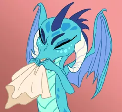 Size: 448x412 | Tagged: artist:seekrits, derpibooru import, dragon, dragoness, dragon lord ember, female, handkerchief, nose blowing, pink background, princess ember, safe, simple background, tissue