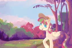 Size: 1280x853 | Tagged: safe, artist:spectralunicorn, derpibooru import, blossomforth, bee, insect, pegasus, pony, adoraforth, cute, flower, flower in hair, flower in tail, hat, no pupils, scenery, solo