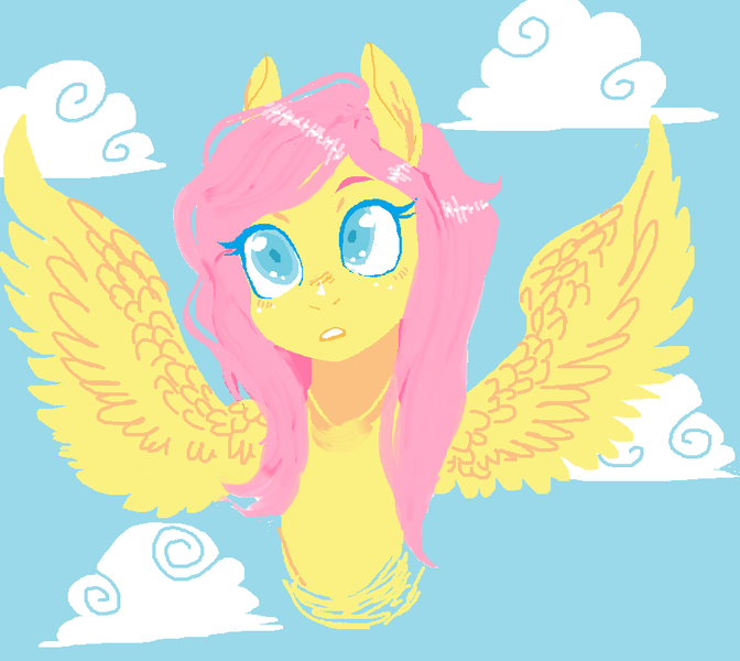 Size: 860x768 | Tagged: safe, artist:squishysquids, derpibooru import, fluttershy, pegasus, pony, bust, cloud, colored pupils, cute, female, mare, portrait, shyabetes, sky, solo, spread wings, wings