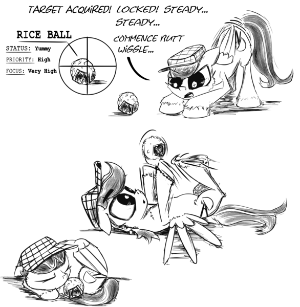 Size: 2000x2047 | Tagged: safe, artist:chopsticks, derpibooru import, oc, oc:chopsticks, unofficial characters only, pegasus, pony, behaving like a cat, clothes, dialogue, food, hat, male, monochrome, rice, silly, sketch, sleeping, solo, text