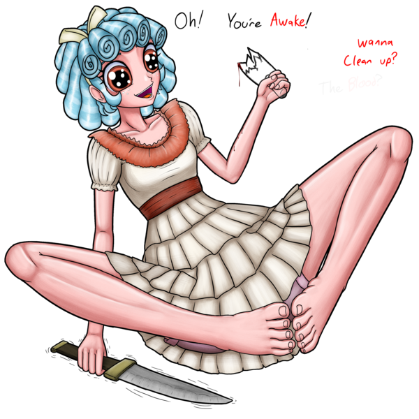 Size: 3000x3000 | Tagged: suggestive, artist:artemis-polara, derpibooru import, cozy glow, equestria girls, barefoot, big eyes, blood, broken bottle, clothes, creepy, dress, equestria girls-ified, feet, knife, older, older cozy glow, open mouth, shaking, smiling, solo, toes