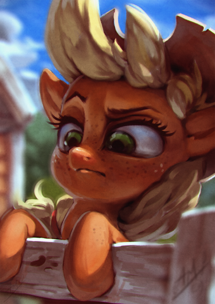 Size: 850x1200 | Tagged: safe, artist:assasinmonkey, derpibooru import, applejack, earth pony, pony, bust, cowboy hat, cute, female, fence, freckles, hat, hoof freckles, jackabetes, mare, portrait, raised eyebrow, solo, stetson, what in tarnation