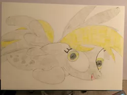 Size: 4032x3024 | Tagged: safe, derpibooru import, derpy hooves, pony, colored pencil drawing, derp, eye, eyes, ground, hooves, traditional art, wings