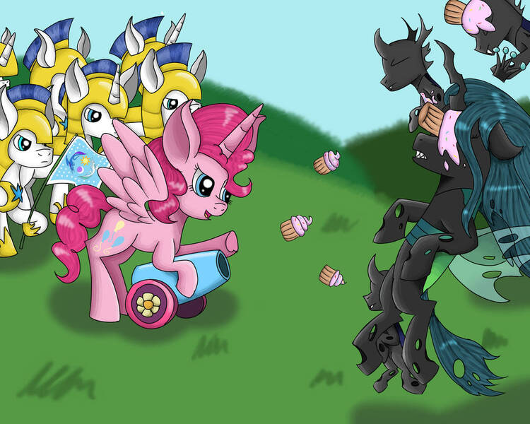 Size: 1000x800 | Tagged: safe, artist:artistathefilly, derpibooru import, pinkie pie, queen chrysalis, alicorn, changeling, pony, alicornified, cupcake, fight, flag, food, party cannon, pinkiecorn, race swap, royal guard, xk-class end-of-the-world scenario