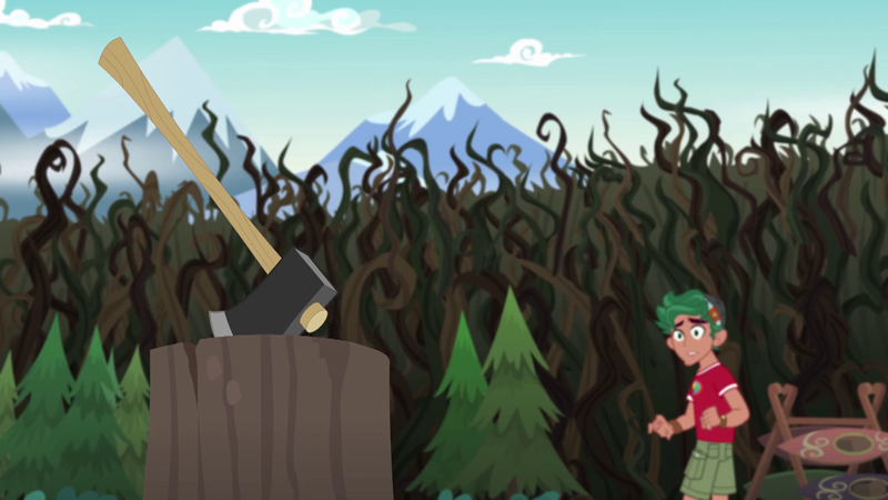 Size: 1280x720 | Tagged: safe, derpibooru import, screencap, timber spruce, equestria girls, legend of everfree, axe, camp everfree outfits, chopping block, male, tree, vine, weapon