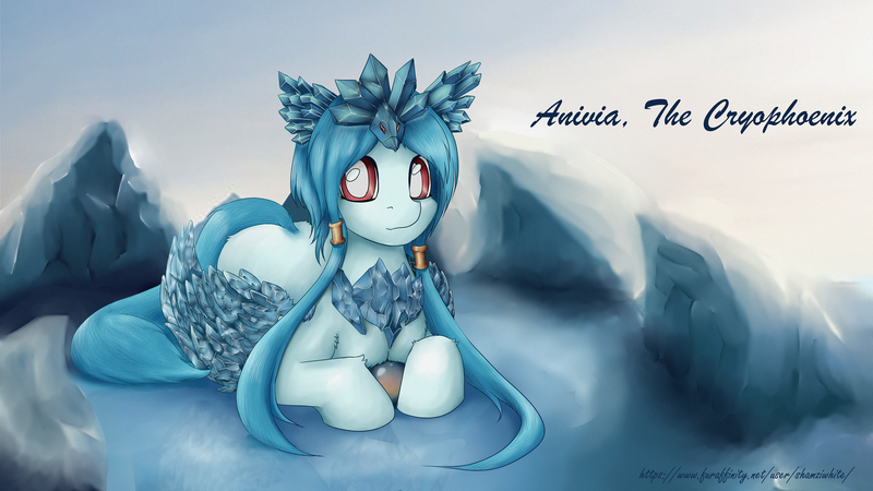 Size: 1920x1080 | Tagged: safe, artist:shamziwhite, derpibooru import, oc, ponified, pegasus, pony, anivia, blue hair, crossover, crystal, egg, female, ice, league of legends, long hair, snow, solo