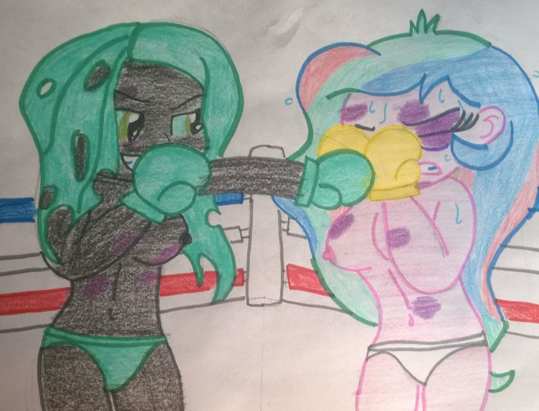 Size: 768x586 | Tagged: questionable, semi-grimdark, artist:toyminator900, derpibooru import, princess celestia, queen chrysalis, equestria girls, boxing, boxing gloves, breasts, clothes, equestria girls-ified, foxy boxing, nipples, nudity, panties, partial nudity, sports, topless, traditional art, underwear