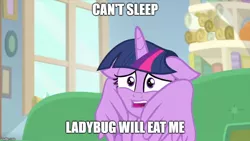 Size: 888x500 | Tagged: alicorn, bart simpson, caption, coccinellidaephobia, derpibooru import, edit, edited screencap, floppy ears, hug, image macro, impact font, insect, ladybug, lisa's first word, meme, safe, screencap, self-hugging, simpsons did it, solo, spoiler:interseason shorts, starlight the hypnotist, text, the simpsons, twilight sparkle, twilight sparkle (alicorn), winghug