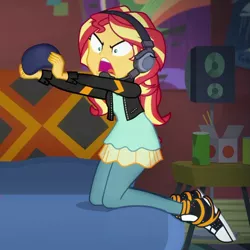 Size: 831x830 | Tagged: safe, derpibooru import, screencap, sunset shimmer, equestria girls, equestria girls series, game stream, spoiler:eqg series (season 2), angry horse noises, clothes, converse, cropped, gamer sunset, headphones, headset, horse noises, pantyhose, rageset shimmer, shoes, shrunken pupils, sneakers, solo