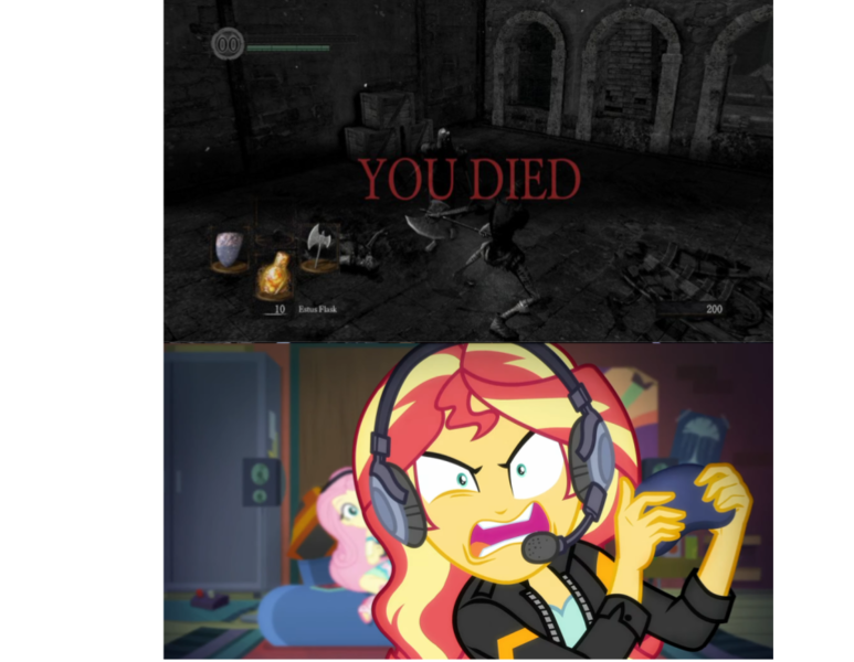 Size: 952x739 | Tagged: safe, derpibooru import, edit, edited screencap, editor:countcoltnackh, screencap, fluttershy, sunset shimmer, human, equestria girls, equestria girls series, game stream, spoiler:eqg series (season 2), caption, controller, couch, dank memes, dark souls, dark souls remastered, exploitable meme, gamer sunset, git gud, headphones, headset, image macro, meme, rage, shitposting, sunset gamer, sunset shimmer frustrated at game, text, video game, you died